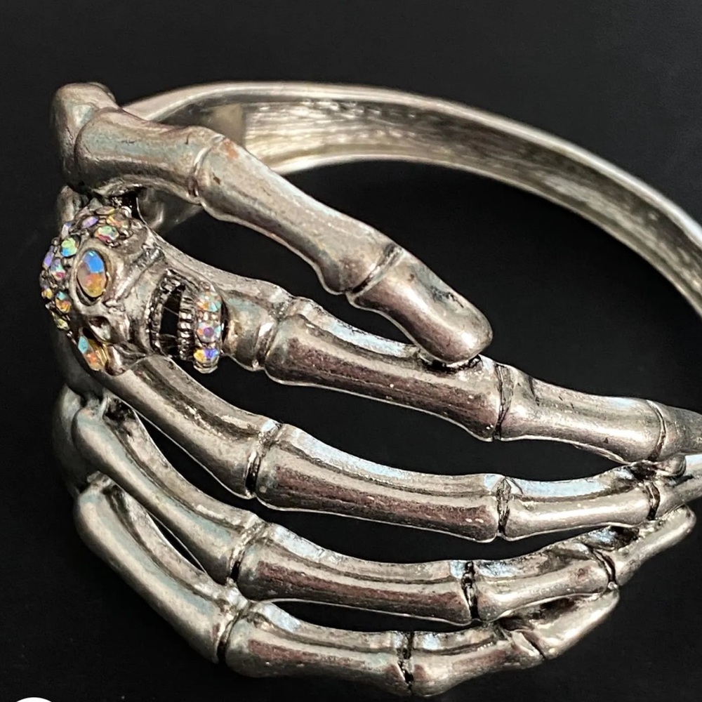 Silver Tone Skull Skeleton Hand Rhinestone Clamper Bracelet Spooky Goth